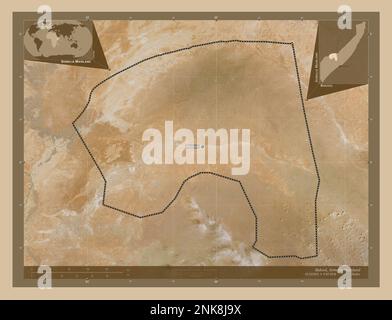Bakool, région de la Somalie continentale. Carte satellite basse résolution. Lieux et noms des principales villes de la région. Cartes d'emplacement auxiliaire d'angle Banque D'Images