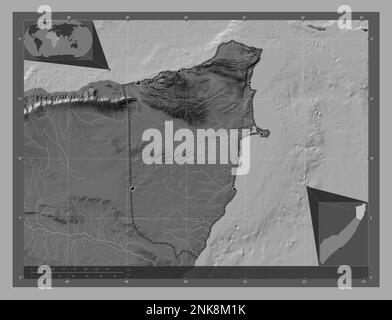 Bari, région de la Somalie continentale. Carte d'altitude à deux niveaux avec lacs et rivières. Lieux des principales villes de la région. Cartes d'emplacement auxiliaire d'angle Banque D'Images