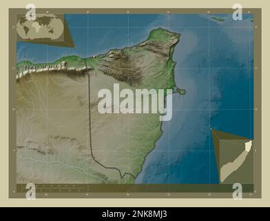 Bari, région de la Somalie continentale. Carte d'altitude colorée en style wiki avec lacs et rivières. Cartes d'emplacement auxiliaire d'angle Banque D'Images