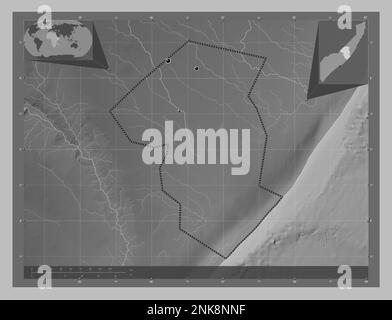 Galgaduud, région de la Somalie continentale. Carte d'altitude en niveaux de gris avec lacs et rivières. Lieux des principales villes de la région. Emplacement auxiliaire d'angle Banque D'Images