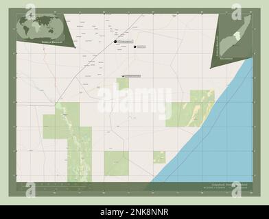 Galgaduud, région de la Somalie continentale. Ouvrez la carte des rues. Lieux et noms des principales villes de la région. Cartes d'emplacement auxiliaire d'angle Banque D'Images