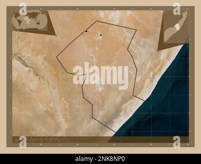Galgaduud, région de la Somalie continentale. Carte satellite basse résolution. Lieux des principales villes de la région. Cartes d'emplacement auxiliaire d'angle Banque D'Images