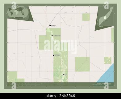 Hiiraan, région de la Somalie continentale. Ouvrez la carte des rues. Lieux et noms des principales villes de la région. Cartes d'emplacement auxiliaire d'angle Banque D'Images