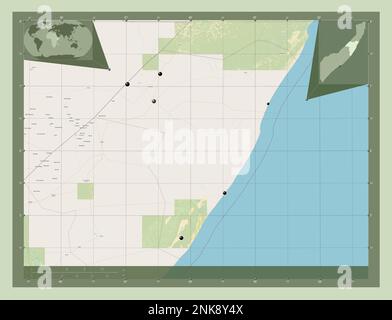 Mudug, région de la Somalie continentale. Ouvrez la carte des rues. Lieux des principales villes de la région. Cartes d'emplacement auxiliaire d'angle Banque D'Images