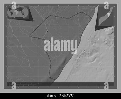 Mudug, région de la Somalie continentale. Carte d'altitude à deux niveaux avec lacs et rivières. Cartes d'emplacement auxiliaire d'angle Banque D'Images