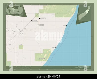 Mudug, région de la Somalie continentale. Ouvrez la carte des rues. Lieux et noms des principales villes de la région. Cartes d'emplacement auxiliaire d'angle Banque D'Images