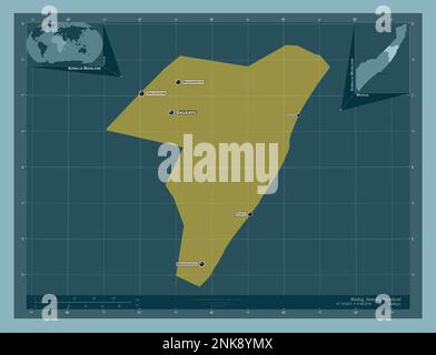 Mudug, région de la Somalie continentale. Forme de couleur unie. Lieux et noms des principales villes de la région. Cartes d'emplacement auxiliaire d'angle Banque D'Images