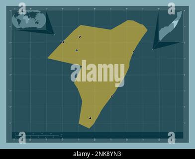 Mudug, région de la Somalie continentale. Forme de couleur unie. Lieux des principales villes de la région. Cartes d'emplacement auxiliaire d'angle Banque D'Images