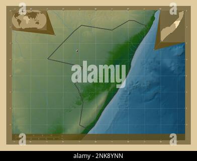 Mudug, région de la Somalie continentale. Carte d'altitude en couleur avec lacs et rivières. Cartes d'emplacement auxiliaire d'angle Banque D'Images