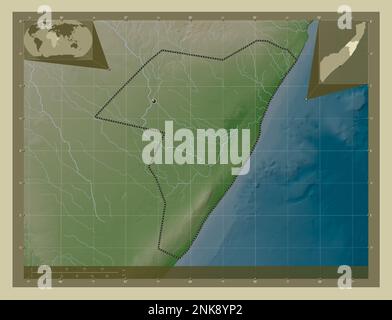 Mudug, région de la Somalie continentale. Carte d'altitude colorée en style wiki avec lacs et rivières. Cartes d'emplacement auxiliaire d'angle Banque D'Images