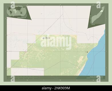 Nugaal, région de la Somalie continentale. Ouvrez la carte des rues. Lieux et noms des principales villes de la région. Cartes d'emplacement auxiliaire d'angle Banque D'Images