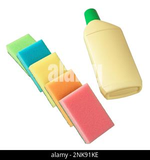 Fournitures de nettoyage pour la maison. Bouteille avec détergent et éponges colorées. Isoler sur fond blanc. Banque D'Images