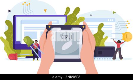 Composition de concept plate Microchip avec mains humaines tenant l'unité centrale du processeur en arrière-plan avec composants électroniques et illustrateur de vecteur humain Illustration de Vecteur