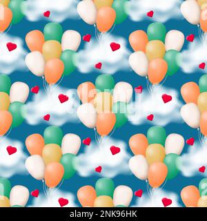 Apportez joie et bonheur à vos créations grâce à notre motif sans couture composé d'un ensemble de ballons colorés et de coeurs rouges au milieu de nuages moelleux sur un Illustration de Vecteur