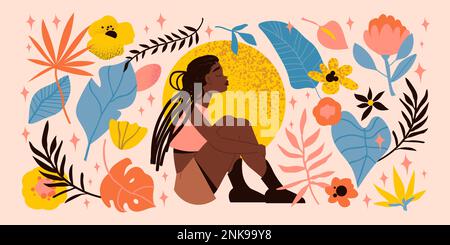 Fille noire femme grand concept coloré belle femme assise devant une œuvre d'art avec des fleurs et des feuilles colorées illustration vectorielle Illustration de Vecteur