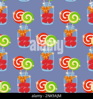 Motif bonbon coloré avec sucettes debout dans un pot en verre rempli de bonbons rouges en forme de coeur et attaché avec un noeud en ruban de satin. Motif sans couture. Illustration de Vecteur