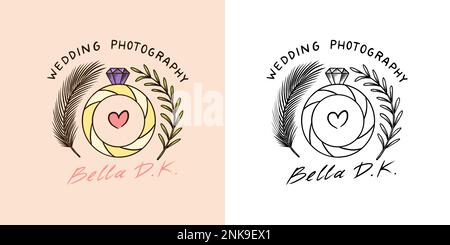 Bague de mariage badge ou logo du photographe.Modèle pour studio, magasin ou magasin.Croquis dessiné à la main pour carte postale, bannière dans un style minimaliste simple. Illustration de Vecteur