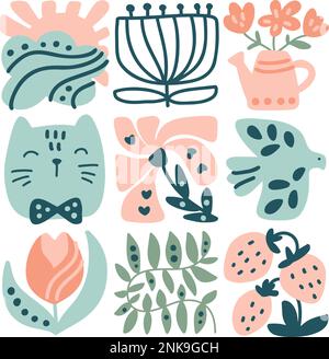 Motif de composition du logo ethnique du printemps vectoriel représentant l'oiseau, la fleur, la feuille, la fraise et la branche. Illustration de boho mignon dans un constructeur dessiné à la main en carré Illustration de Vecteur