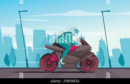 Affiche de dessin animé de moto avec motard dans les vêtements de sport à cheval une illustration de vecteur de vélo Illustration de Vecteur