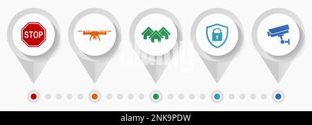 Icônes vectorielles de sécurité à domicile, collection de pointeurs Web de conception plate de système de vidéosurveillance, modèle d'infographie de concept d'entreprise Illustration de Vecteur