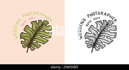 Mariage plante tropicale.Badge ou logo du photographe.Modèle pour studio, magasin ou magasin.Croquis dessiné à la main pour carte postale, bannière en toute simplicité Illustration de Vecteur