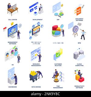 Logiciel d'entreprise ensemble isométrique de développement de centre d'appels relation client données exploration approvisionnement tableau de bord icônes isolées illustration vectorielle Illustration de Vecteur