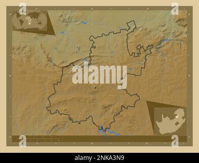 Gauteng, province d'Afrique du Sud. Carte d'altitude en couleur avec lacs et rivières. Cartes d'emplacement auxiliaire d'angle Banque D'Images