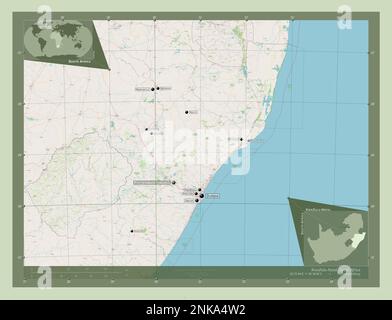 KwaZulu-Natal, province d'Afrique du Sud. Ouvrez la carte des rues. Lieux et noms des principales villes de la région. Cartes d'emplacement auxiliaire d'angle Banque D'Images