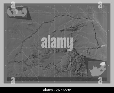 Limpopo, province d'Afrique du Sud. Carte d'altitude en niveaux de gris avec lacs et rivières. Cartes d'emplacement auxiliaire d'angle Banque D'Images