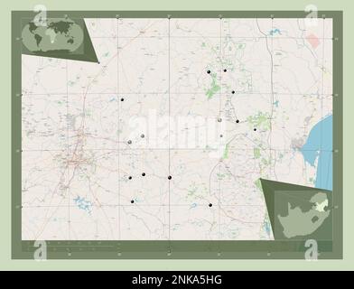 Mpumalanga, province d'Afrique du Sud. Ouvrez la carte des rues. Lieux des principales villes de la région. Cartes d'emplacement auxiliaire d'angle Banque D'Images