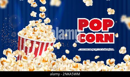 Affiche de pop-corn réaliste avec paillettes tombant dans le seau sur fond bleu illustration vectorielle Illustration de Vecteur