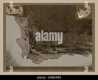 Cap occidental, province d'Afrique du Sud. Carte d'altitude colorée en tons sépia avec lacs et rivières. Lieux et noms des principales villes de la région. Banque D'Images