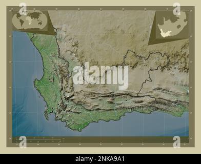 Cap occidental, province d'Afrique du Sud. Carte d'altitude colorée en style wiki avec lacs et rivières. Lieux des principales villes de la région. Angle aux Banque D'Images