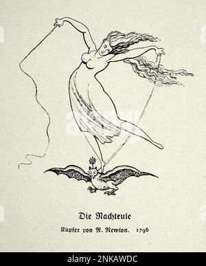 Vintage illustration femme, Witch, à cheval sur le dos d'un hibou, la nuit hibou, 18th siècle Banque D'Images