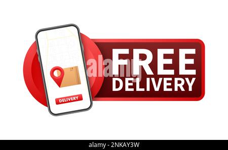 Livraison gratuite. Suivi de la livraison à l'écran du téléphone. Badge avec camion. Illustrateur de vecteur. Illustration de Vecteur
