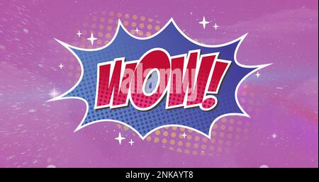 Image de Wow! texte sur la bulle de la bande dessinée rétro avec des étoiles brillantes sur fond violet Banque D'Images