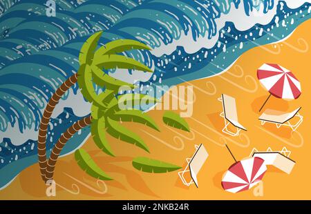 isométrique coloré tempête composition temps fort vent a soufflé loin des chaises longues et parasols de la plage de bord de mer illustration vectorielle Illustration de Vecteur