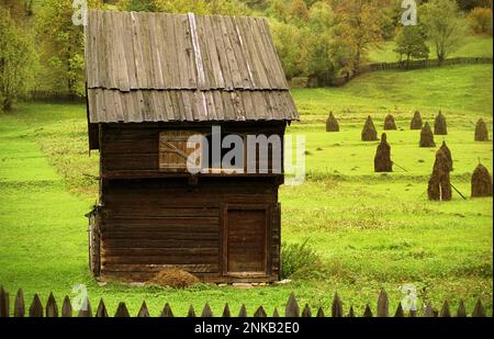 Comté de Suceava, Roumanie, environ 2000. Paysage avec hangar en bois et haystacks dans un pâturage. Banque D'Images