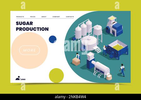 Page d'accueil isométrique de la production de sucre avec des informations sur l'équipement pour l'illustration de vecteur de processus technologique Illustration de Vecteur