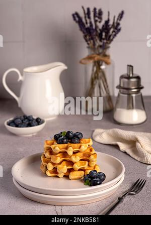Photographie alimentaire de gaufres avec bleuets, petit déjeuner, lait, belge, en-cas, dessert, sucre, lavande, carafe Banque D'Images