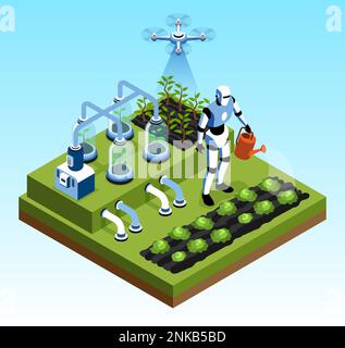 Isolé isométrique intelligent ferme concept isolé robots grandissent et l'eau lits de plantes illustration vectorielle Illustration de Vecteur