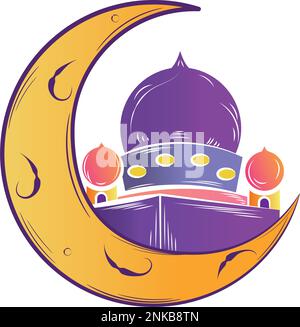 Esquisse colorée isolée de la lune et de la mosquée arabe Vector Illustration de Vecteur