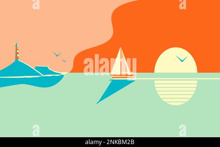 Magnifique coucher de soleil ou paysage marin à l'aube. Un yacht ou un bateau navigue sur fond de soleil levant ou de cadre Illustration de Vecteur