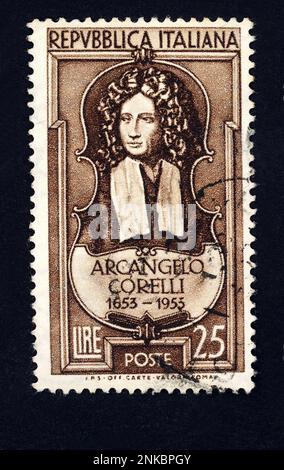 Le compositeur de musique baroque italien ARCANGELO CORELLI ( 1653 - 1713 ).- COMPOSITORE - MUSICA BAROCCA - francopollo commonativo - poste italiane - violonino - bois de timbre de poste --- Archivio GBB Banque D'Images