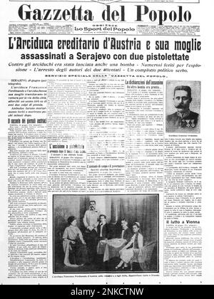 29 juin 1914 , GAZZETTA DEL POPOLO , Journal italien , ITALIE :l'Erzherzog ( Prince héritier ) l'archiduc FRANZ FERDINAND ABSBURG Von Osterreich d'ESTE ( Graz 1863 - Sarajevo 28 juin 1914 ) avec la femme SOPHIA CHOTEK von Chotkova und Wognin , Duckess of HOHENBERG ( 1868 - Sarajevo 28 juin 1914 ) TUÉE ensemble À SARAJEVO - première Guerre mondiale - PRIMA GUERRA MONDIALE - Impero Austroungarico - ASBURGO - ABSBURGO - FRANCESCO FERDINANDO Arciduca d'AUTRICHE - quotidiano - giornale - FOTO STORICHE - HISTOIRE - reali - royauté - noblesse - nobiltˆ - nobili - terrorisme - terrorism - assassinio - omicidio Banque D'Images
