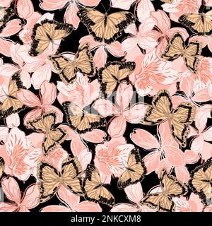 Motif fleuri sans couture avec papillons et illustration vectorielle de fleurs d'alstroemeria Illustration de Vecteur