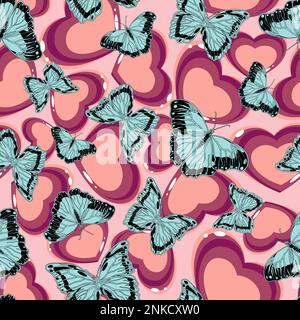 Motif animé sans couture avec motif vectoriel de papillons et de coeurs Illustration de Vecteur