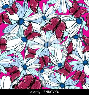 Motif fleuri sans couture avec papillons monarques magenta dans l'illustration vectorielle de fleurs de Marguerite Illustration de Vecteur