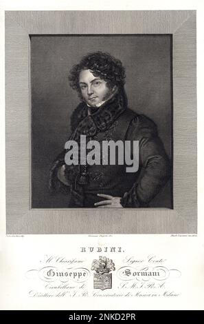 1833 , ITALIE : le célèbre chanteur italien Tenore GIOVAN BATTISTA RUBINI ( 1794 - 1854 ). Portrait gravé 1833 , de Paolo Coronni d'un tableau de Pietro Zucchini , dédié au Conte Giuseppe Sormani . Rubini était un ténor italien, aussi célèbre à son époque qu'Enrico Caruso dans un jour ultérieur. Sa dextérité coloratura bourdonneuse et expressive dans le registre le plus élevé de sa voix, le ténorino, a inspiré l'écriture de rôles opératiques qui sont aujourd'hui presque impossible à jeter. En tant que chanteur Rubini a été le principal représentant du style romantique de Vincenzo Bellini et Gaetano Donizetti . CANTANTE Banque D'Images
