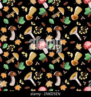 Motif vectoriel botanique sans couture avec champignons et feuilles d'automne sur un noir Illustration de Vecteur